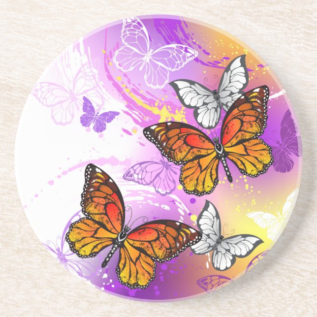 Monarch Butterflies on Purple Background Coaster (Front)