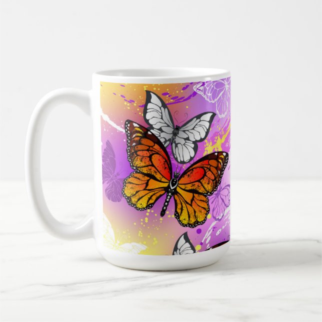Monarch Butterflies on Purple Background Coffee Mug (Left)