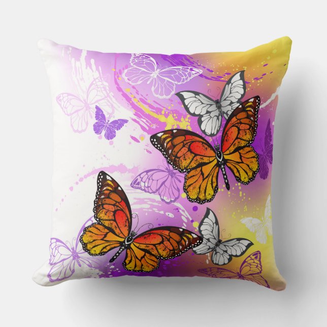 Monarch Butterflies on Purple Background Cushion (Front)