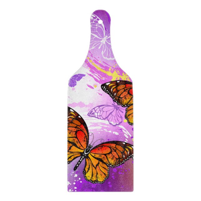 Monarch Butterflies on Purple Background Cutting Board (Front)