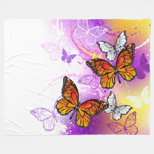 Monarch Butterflies on Purple Background Fleece Blanket (Front (Horizontal))