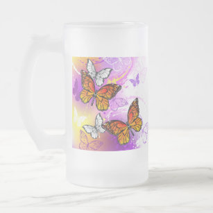 Monarch Butterflies on Purple Background Frosted Glass Beer Mug