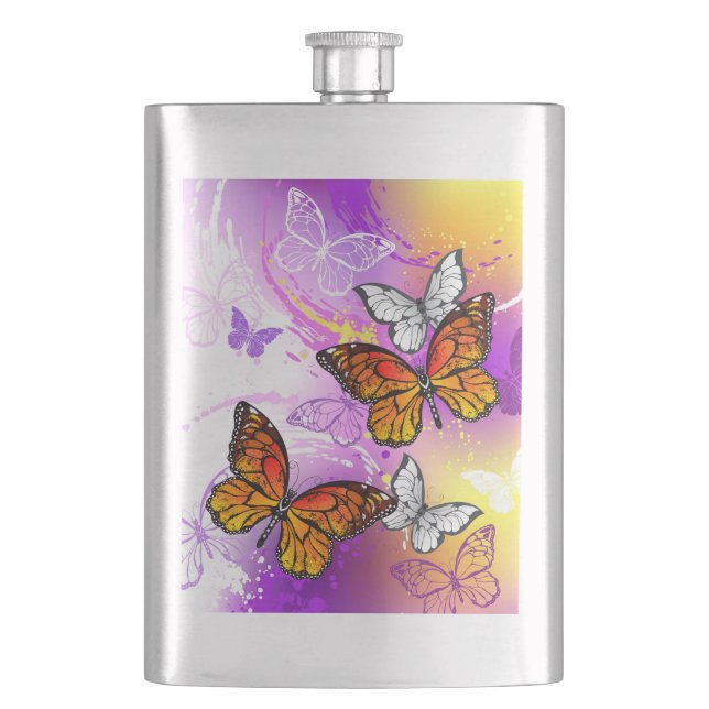 Monarch Butterflies on Purple Background Hip Flask (Front)