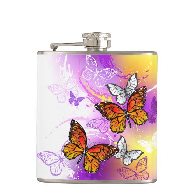 Monarch Butterflies on Purple Background Hip Flask (Front)