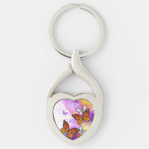 Monarch Butterflies on Purple Background Key Ring