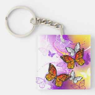 Monarch Butterflies on Purple Background Key Ring