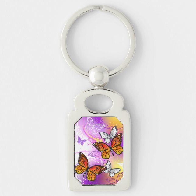 Monarch Butterflies on Purple Background Key Ring (Front)