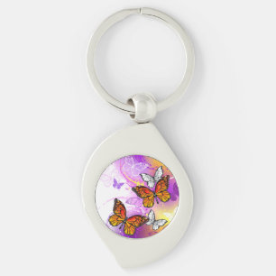 Monarch Butterflies on Purple Background Key Ring
