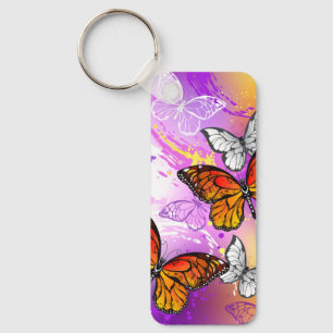 Monarch Butterflies on Purple Background Key Ring