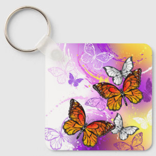 Monarch Butterflies on Purple Background Key Ring