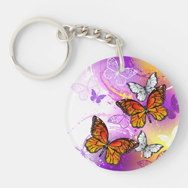 Monarch Butterflies on Purple Background Key Ring (Front)