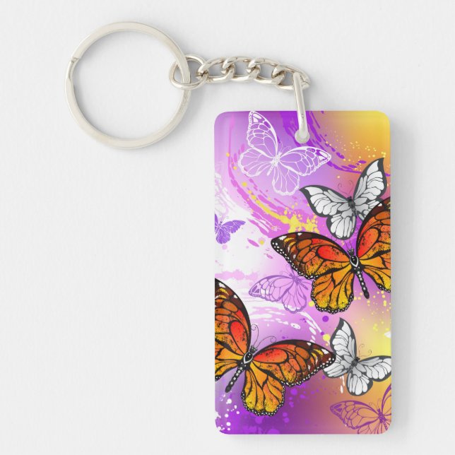 Monarch Butterflies on Purple Background Key Ring (Front)