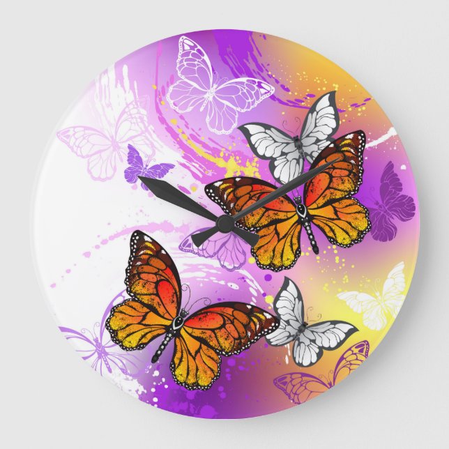 Monarch Butterflies on Purple Background Large Clock (Front)