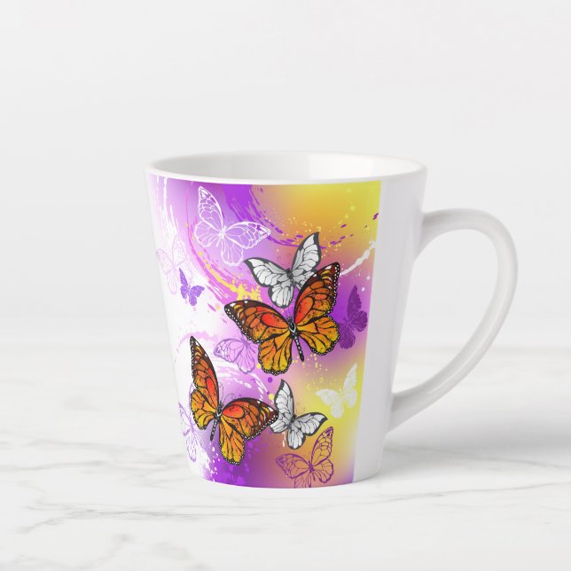 Monarch Butterflies on Purple Background Latte Mug (Right)