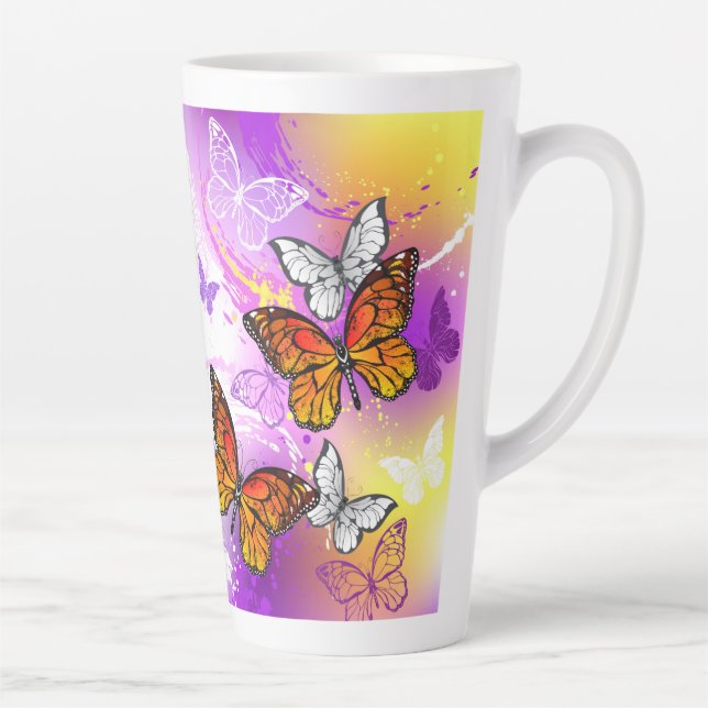Monarch Butterflies on Purple Background Latte Mug (Right)