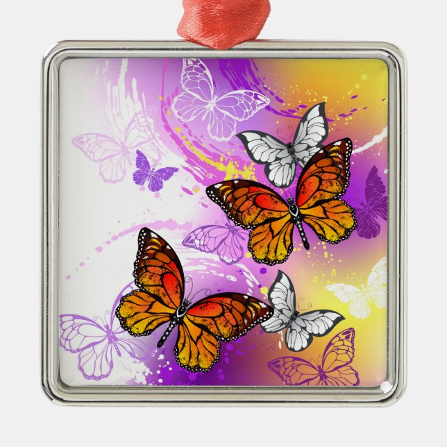 Monarch Butterflies on Purple Background Metal Ornament (Front)