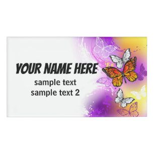 Monarch Butterflies on Purple Background Name Tag