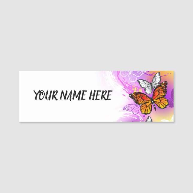 Monarch Butterflies on Purple Background Name Tag (Front)