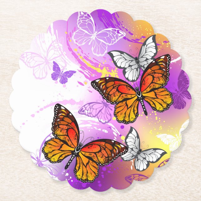 Monarch Butterflies on Purple Background Paper Coaster (Front)