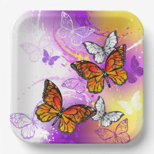 Monarch Butterflies on Purple Background Paper Plate