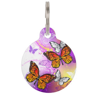 Monarch Butterflies on Purple Background Pet Tag