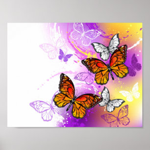 Monarch Butterflies on Purple Background Poster