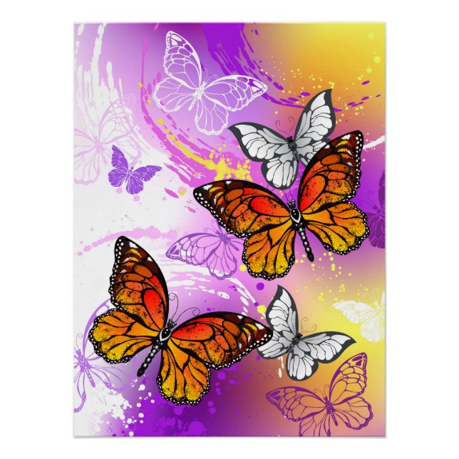 Monarch Butterflies on Purple Background Poster (Front)