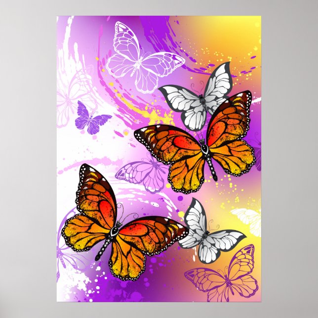 Monarch Butterflies on Purple Background Poster (Front)