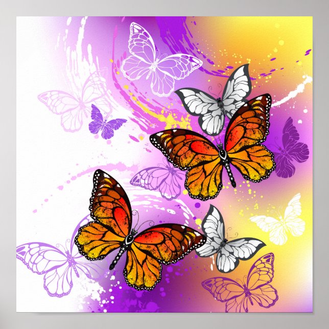 Monarch Butterflies on Purple Background Poster (Front)