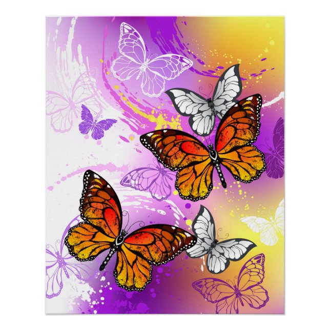 Monarch Butterflies on Purple Background Poster (Front)