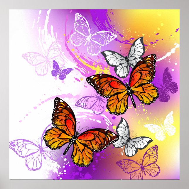 Monarch Butterflies on Purple Background Poster (Front)