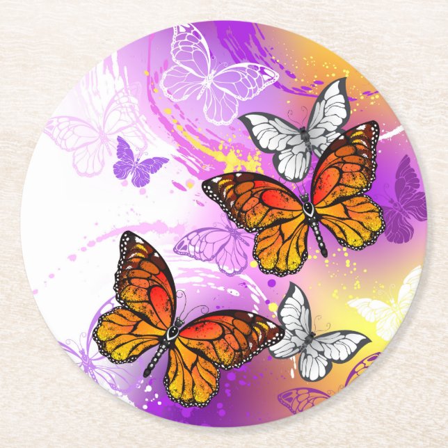Monarch Butterflies on Purple Background Round Paper Coaster (Front)