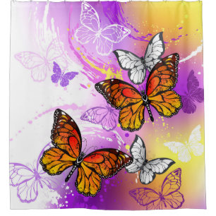 Monarch Butterflies on Purple Background Shower Curtain