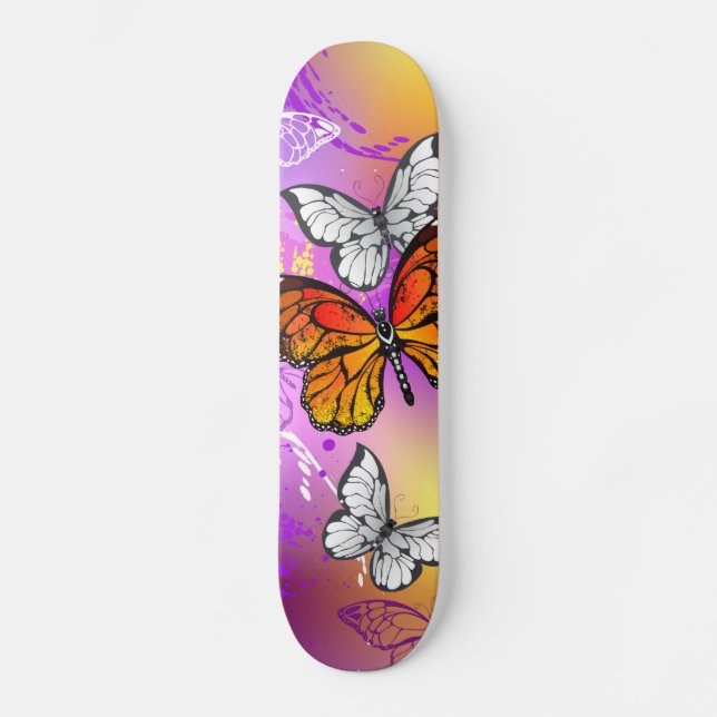 Monarch Butterflies on Purple Background Skateboard (Front)