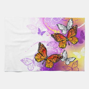 Monarch Butterflies on Purple Background Tea Towel