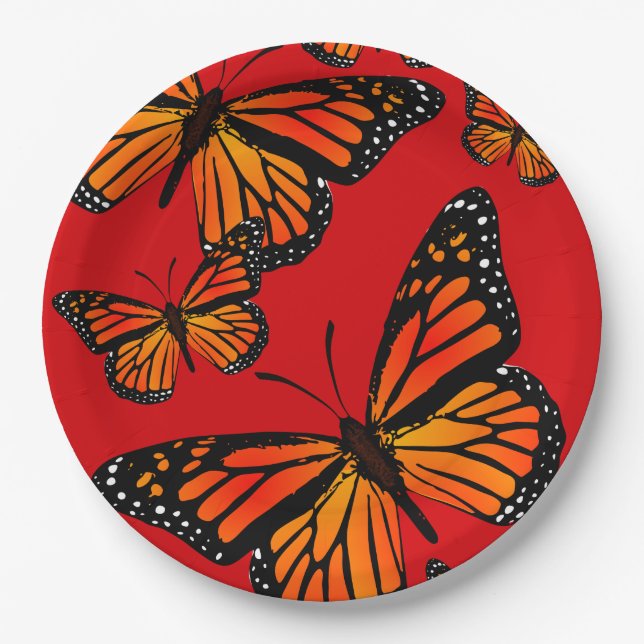 Monarch Butterflies on Red Paper Plate (Front)