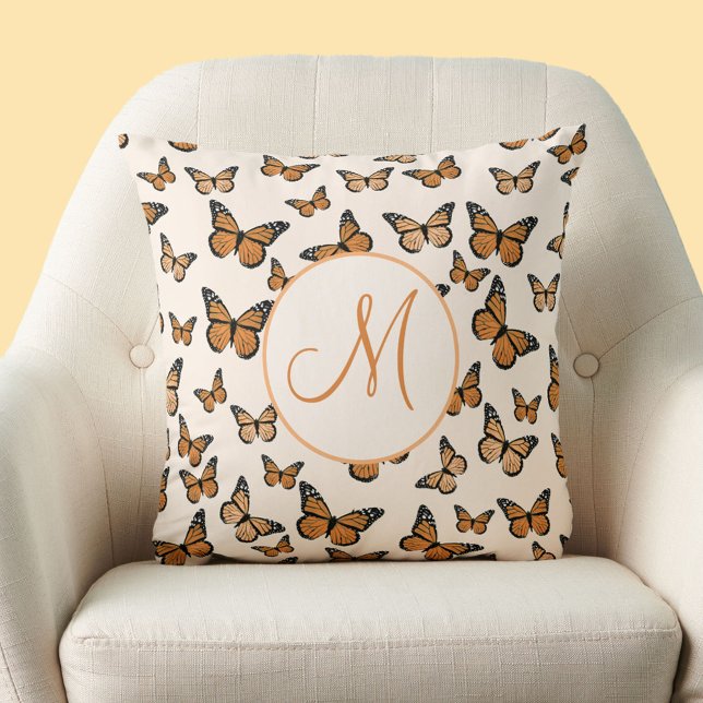 Monarch Butterflies Orange Script Custom Monogram Cushion (Creator Uploaded)