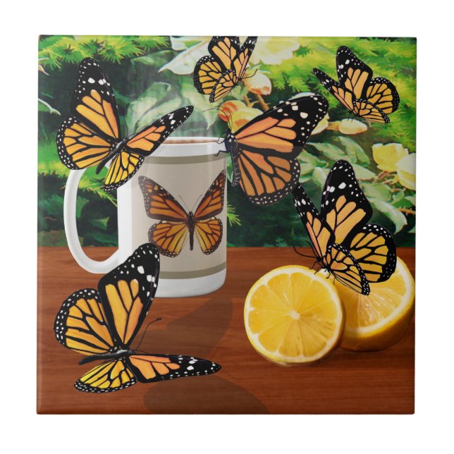 Monarch Butterflies Tea Party Ceramic Tile (Front)
