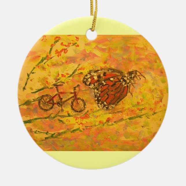 monarch butterfly and bicycle ceramic tree decoration (Front)
