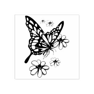 Monarch Butterfly and Flowers Rubber Stamp