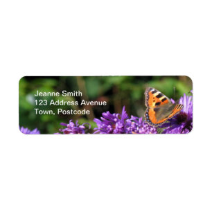 Monarch butterfly and purple flowers return address label