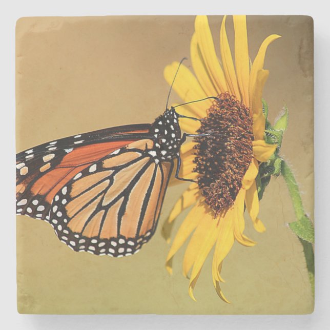 Monarch Butterfly and Sunflower Stone Coaster (Front)