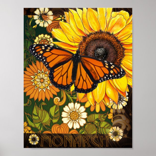  Monarch Butterfly and Sunflower Vintage Collage Poster (Front)