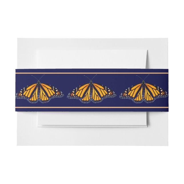 Monarch Butterfly Banded Navy Wedding Invitation Belly Band (Front Example)
