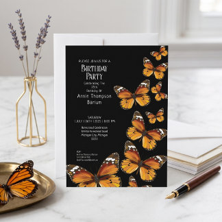 Monarch Butterfly Black Birthday Party Invitation 