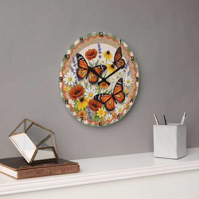 Monarch Butterfly Burlap Bloom Large Clock (Office)