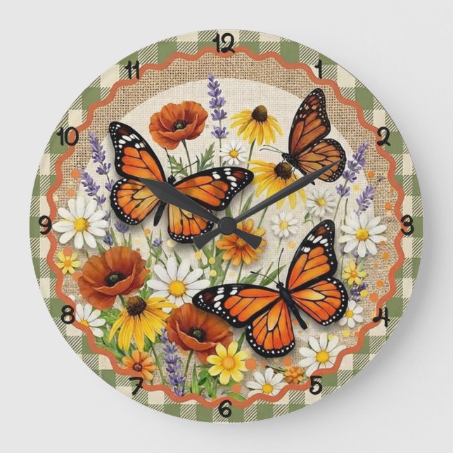 Monarch Butterfly Burlap Bloom Large Clock (Front)