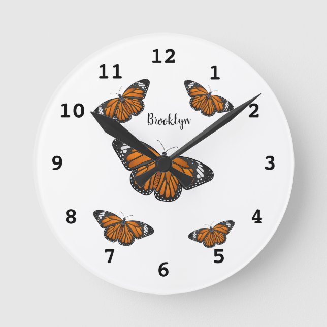 Monarch butterfly cartoon illustration round clock (Front)