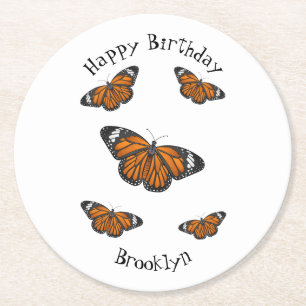 Monarch butterfly cartoon illustration round paper coaster