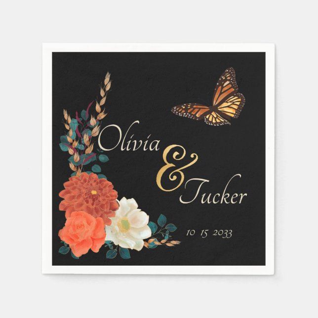 Monarch Butterfly Fall Floral Black Custom Napkin (Front)